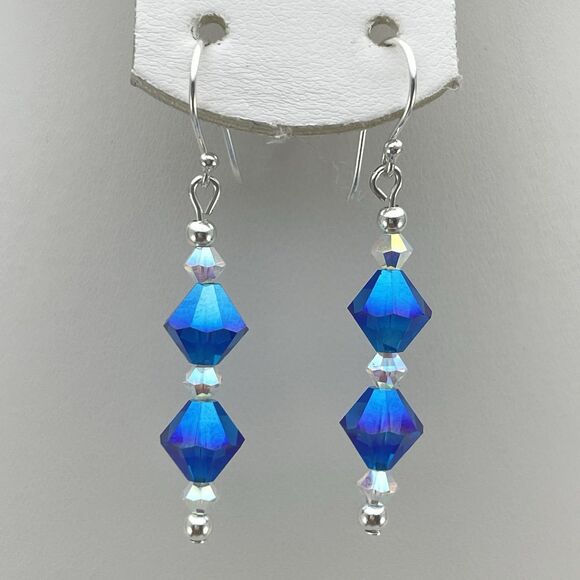 Made With Swarovski Crystal Teal Blue White AB Beaded Sterling Silver Earrings - Picture 3 of 7